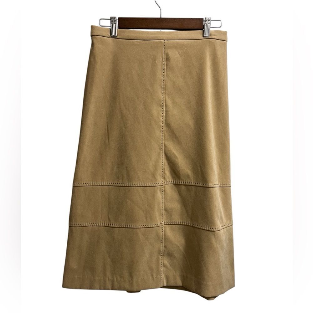 VTG 90s Lemmie Tan Faux Suede Midi Skirt w/ Black Contrast Stitching SZ 10